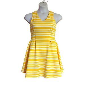 Copper Key Junior's Yellow Striped Pleated Scuba Knit Skater Dress